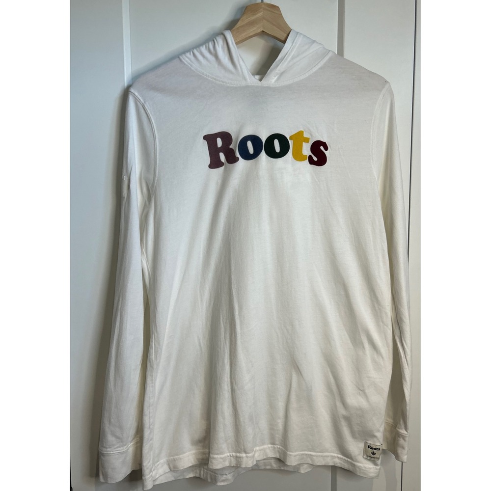 Roots White Long Sleeve Hooded Graphic T-Shirt Small Multi Color Logo Beaver